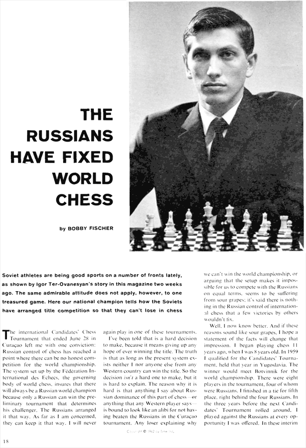 Bobby Fischer's Sports Illustrated 1962, “The Russians Have Fixed Chess”