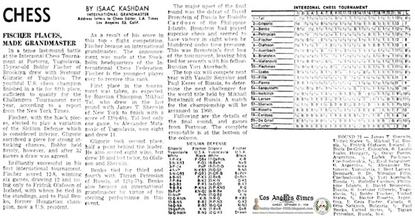 Bobby Fischer, Chess News Articles: 1958 Fischer Places, Made Grandmaster