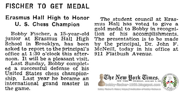 Fischer To Get Medal: Erasmus Hall High to Honor U.S. Chess Champion