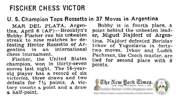 Fischer Chess Victor: U.S. Champion Tops Rossetto in 37 Moves in Argentina