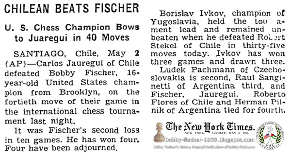 Chilean Beats Fischer: U.S. Chess Champion Bows to Juaregui in 40 Moves