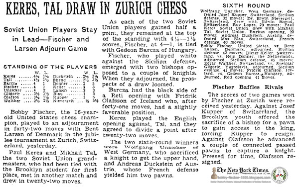 Keres, Tal Draw In Zurich Chess: Soviet Union Players Stay in Lead—Fischer and Larsen Adjourn Game: Fischer Baffles Rivals