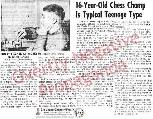 Bobby Fischer at Work: He speaks only chess. 16-Year-Old Chess Champ Is Typical Teenage Type