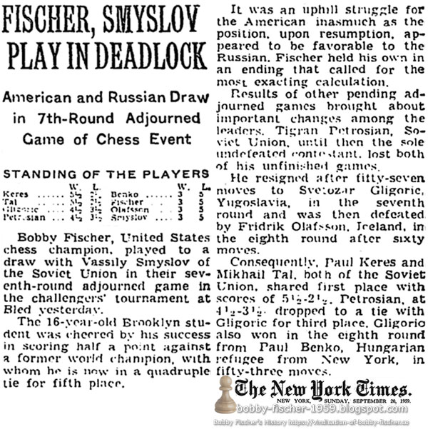 Fischer, Smyslov Play In Deadlock: American and Russian Draw in 7th-Round Adjourned Game of Chess Event