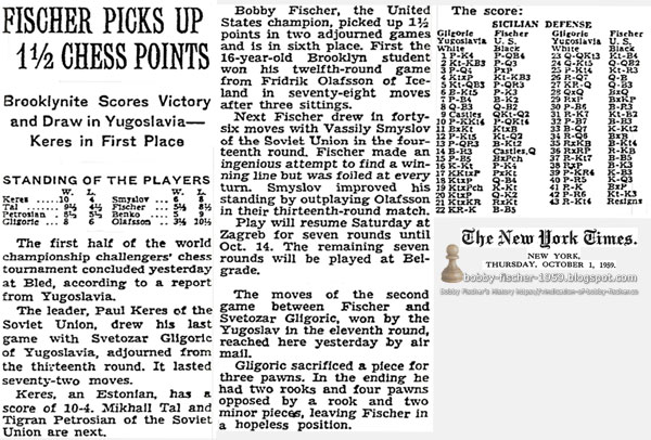 Fischer Picks Up 1&half; Chess Points: Brooklynite Scores Victory and Draw in Yugoslavia—Keres in First Place