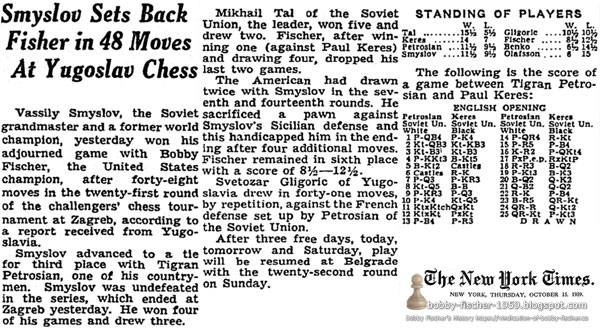 Smyslov Sets Back Fischer in 48 Moves At Yugoslav Chess