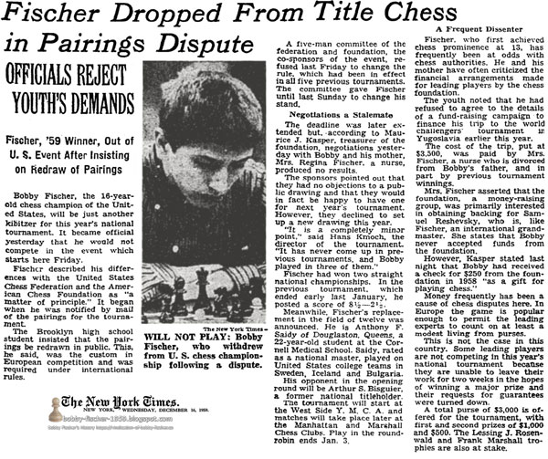 Fischer Dropped From Title Chess in Pairings Dispute: Officials Reject Youth's Demands