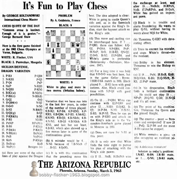 First Game at 1962 Chess Olympics: Fischer vs. I Purevzhav
