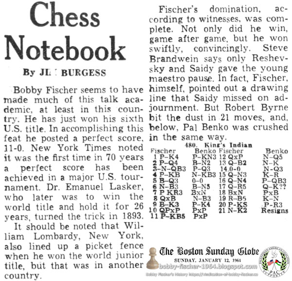 Bobby Fischer Perfect 11-0 Score in Sixth U.S.A. Championship Victory