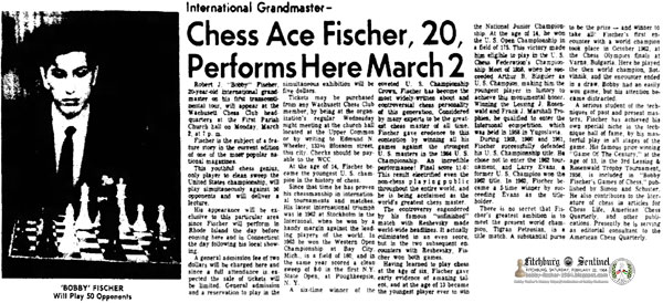 International Grandmaster—Chess Ace Fischer, 20, Performs Here March 2
