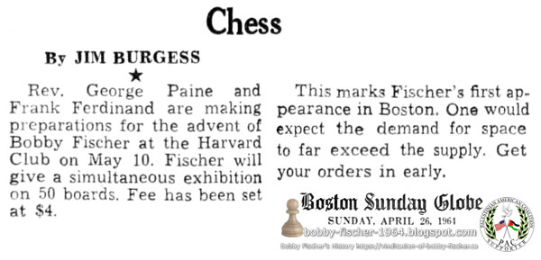 Bobby Fischer To Appear in Boston for Simultaneous Exhibition