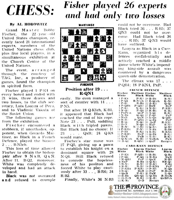 Chess: Fischer Played 26 Experts and Had Only Two Losses