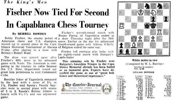 Fischer Now Tied For Second In Capablanca Chess Tourney