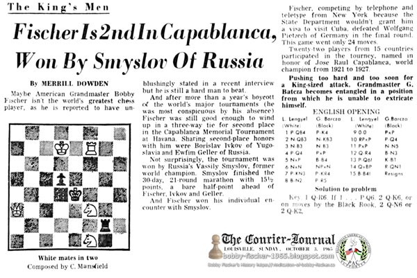 Fischer Is 2nd In Capablanca, Won By Smyslov of Russia