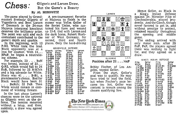 Chess : Gligoric and Larsen Draw, But the Game's a Beauty