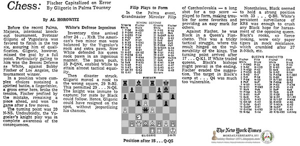 Chess: Fischer Capitalized on Error By Gligoric in Palma Tourney