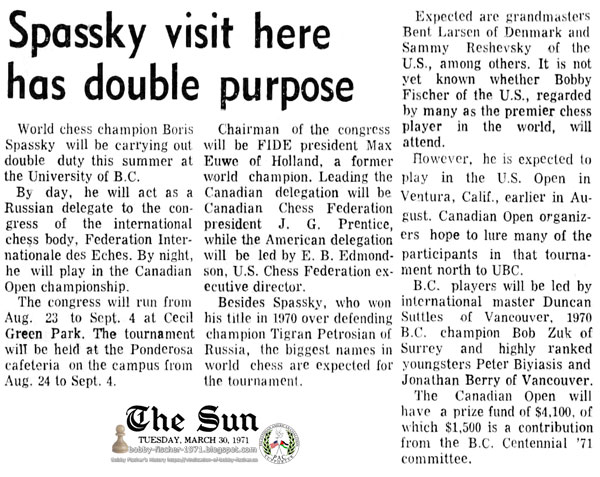 Spassky Visit Here Has Double Purpose