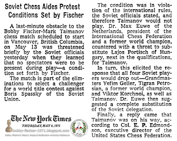 Soviet Chess Aides Protest Conditions Set by Fischer