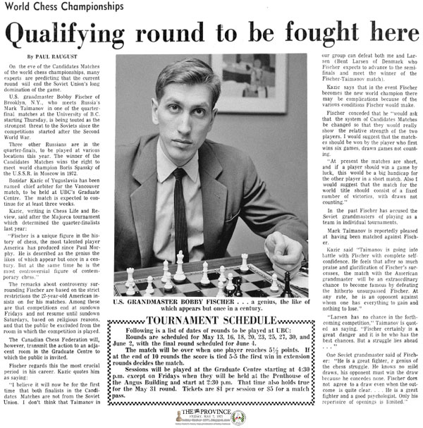World Chess Championships — Qualifying Round To Be Fought Here