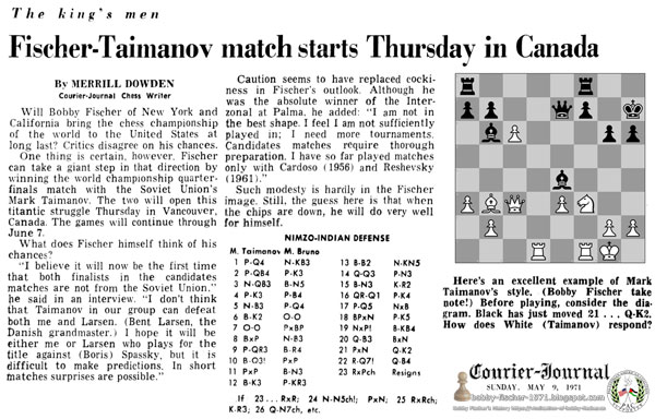 Fischer-Taimanov Match Starts Thursday in Canada