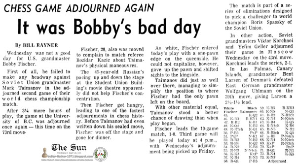 Chess Game Adjourned Again - It Was Bobby's Bad Day