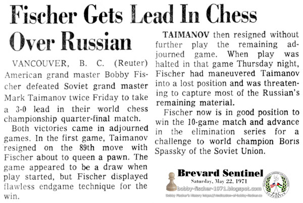 Fischer Gets Lead In Chess Over Russian
