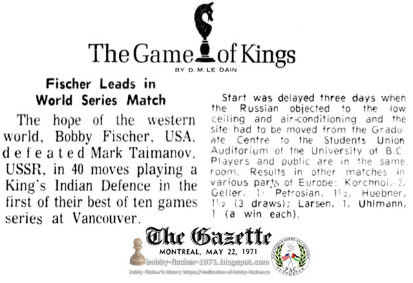Fischer Leads in World Series Match