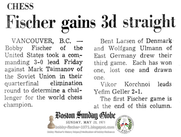 Chess - Fischer Gains 3rd Straight