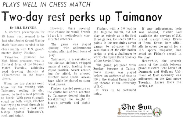 Plays Well In Chess Match -- Two-Day Rest Perks Up Taimanov