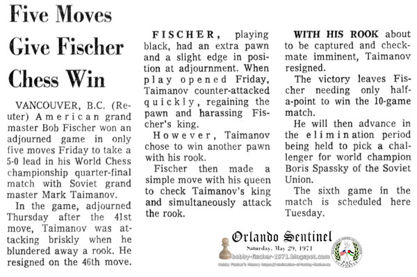 Five Moves Give Fischer Chess Win