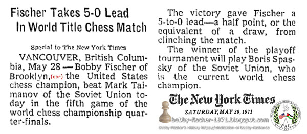 Fischer Takes 5-0 Lead In World Title Chess Match