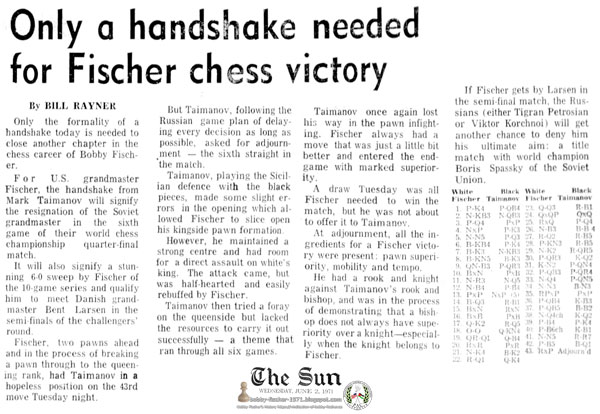 Only a Handshake Needed For Fischer Chess Victory