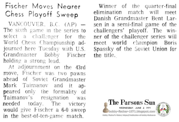 Fischer Moves Nearer Chess Playoff Sweep