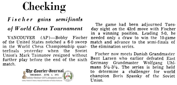 Checking -- Fischer Gains Semifinals of World Chess Tournament