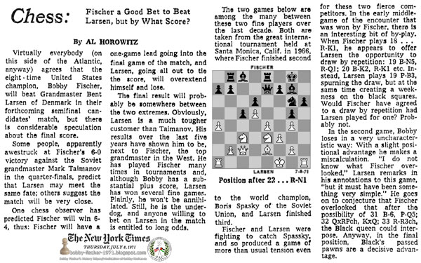 Chess: Fischer a Good Bet to Beat Larsen, but by What Score?
