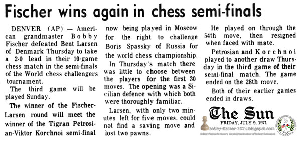 Fischer Wins Again in Chess Semi-Finals