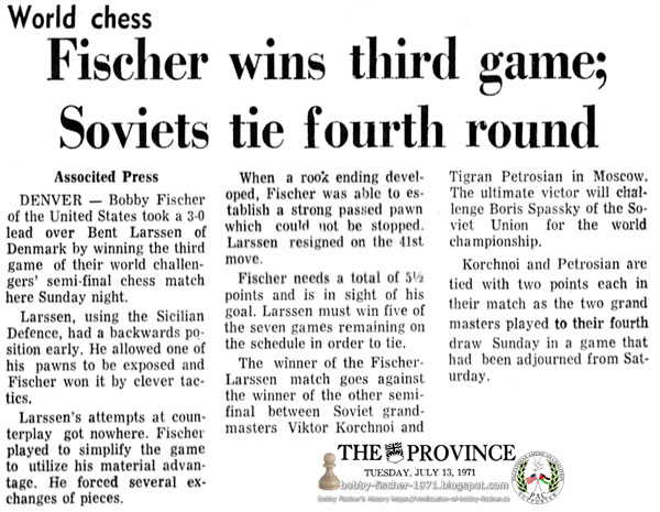World Chess - Fischer Wins Third Game; Soviets Tie Fourth Round
