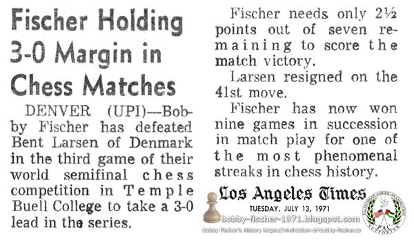 Fischer Holding 3-0 Margin in Chess Matches