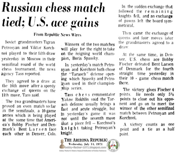 Russian Chess Match Tied; U.S. Ace Gains