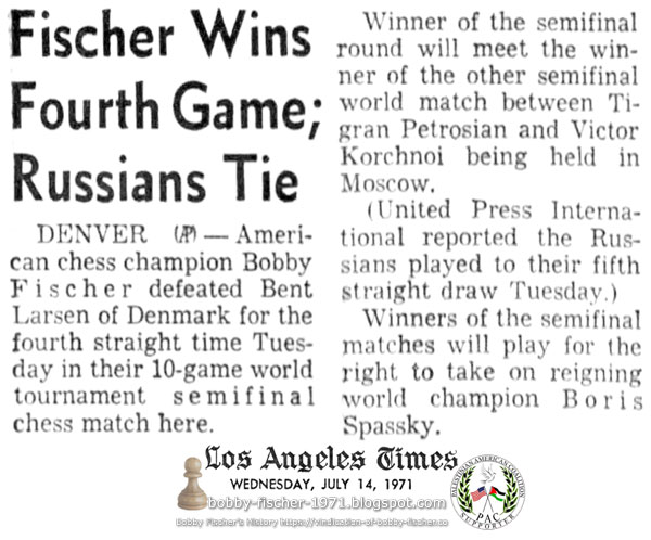 Fischer Wins Fourth Game; Russians Tie
