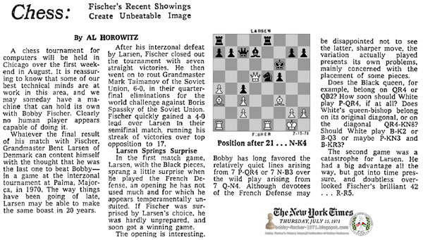 Chess: Fischer's Recent Showings Create Unbeatable Image