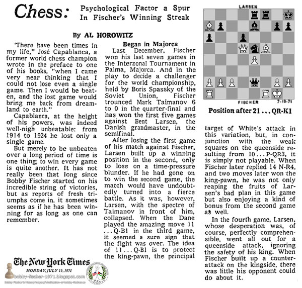 Chess: Psychological Factor a Spur In Fischer's Winning Streak