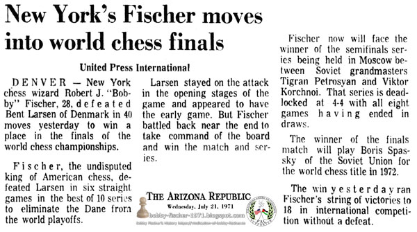 New York's Fischer Moves Into World Chess Finals