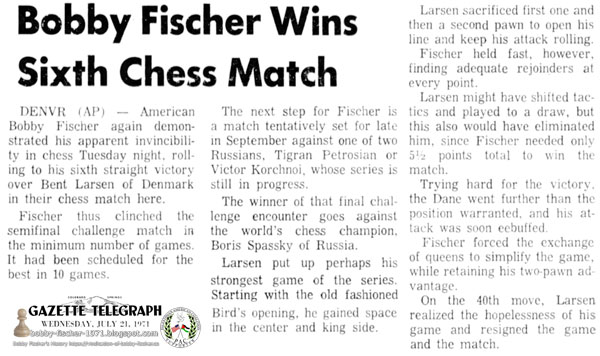 Bobby Fischer Wins Sixth Chess Match