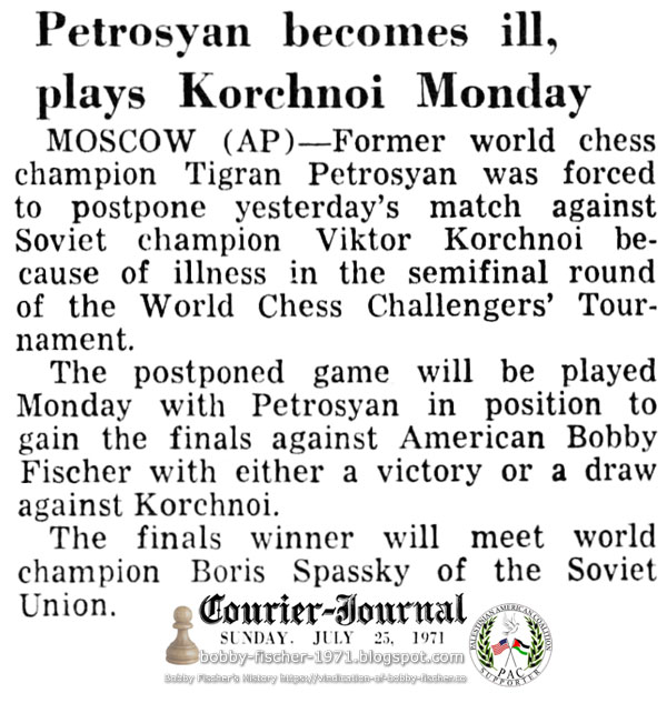 Petrosyan Becomes Ill, Plays Korchnoi Monday