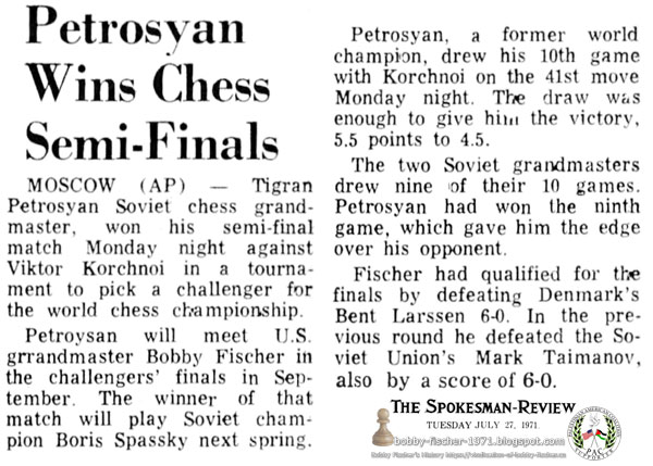 Petrosian Wins Chess Semi-Finals