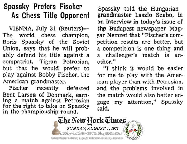 Spassky Prefers Fischer As Chess Title Opponent