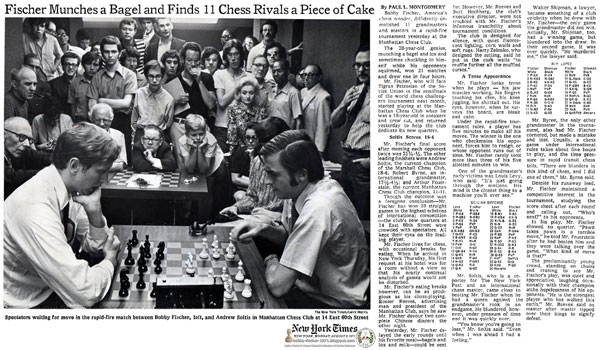 Fischer Munches a Bagel and Finds 11 Chess Rivals a Piece of Cake