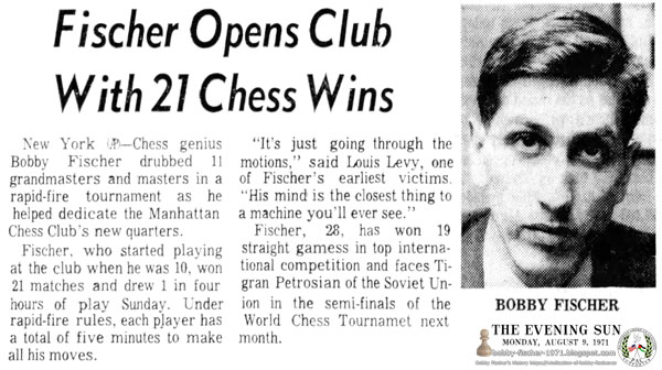 Fischer Opens Club With 21 Chess Wins