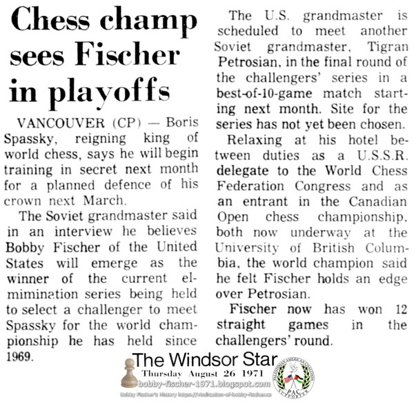Chess Champ Sees Fischer in Playoffs